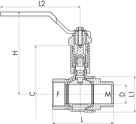 Válvula NF con prolongador Macho/Hembra, palanca plana verde de inox